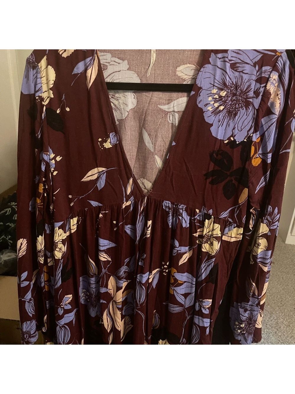 Free People Burgundy and Lavender Floral Long Sleeve Oversized Top